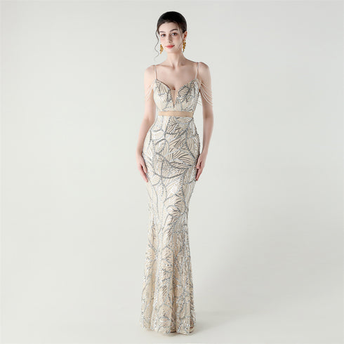 Graceful Sequin Embellished Mesh Mermaid Maxi Dress